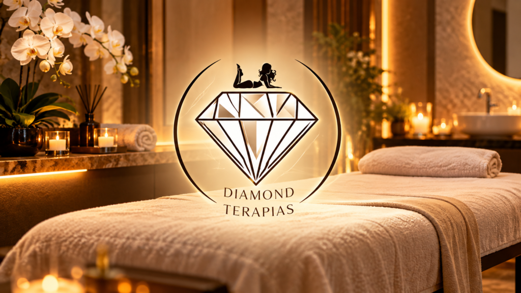 Ambiente de massoterapia com maca, iluminação aconchegante e logotipo Diamond Terapias